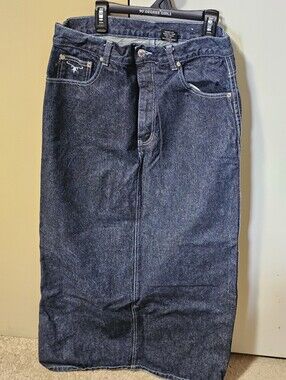 Women's Moto Blue Denim Med Wash Y2K Long Maxi Skirt - Size 13/14 Button & Zip